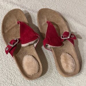UGG Girl's Red and Tan Sandals with Fur Accents